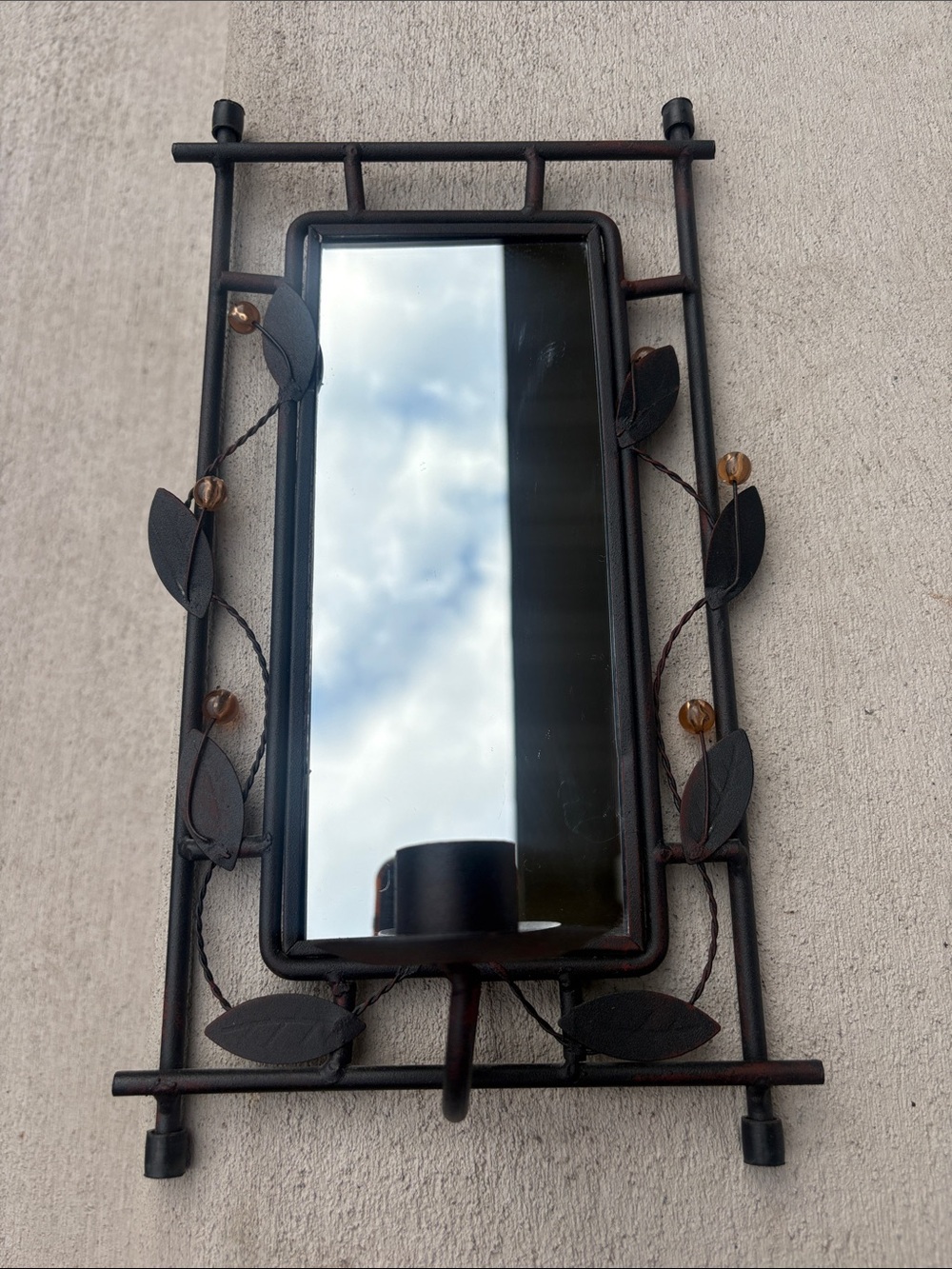 Vintage Wrought Iron Mirror Candlestick Holder (Vine & Leaf Decor)